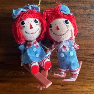 Vintage Raggedy Ann and Andy skiers christmas ornaments made in Japan